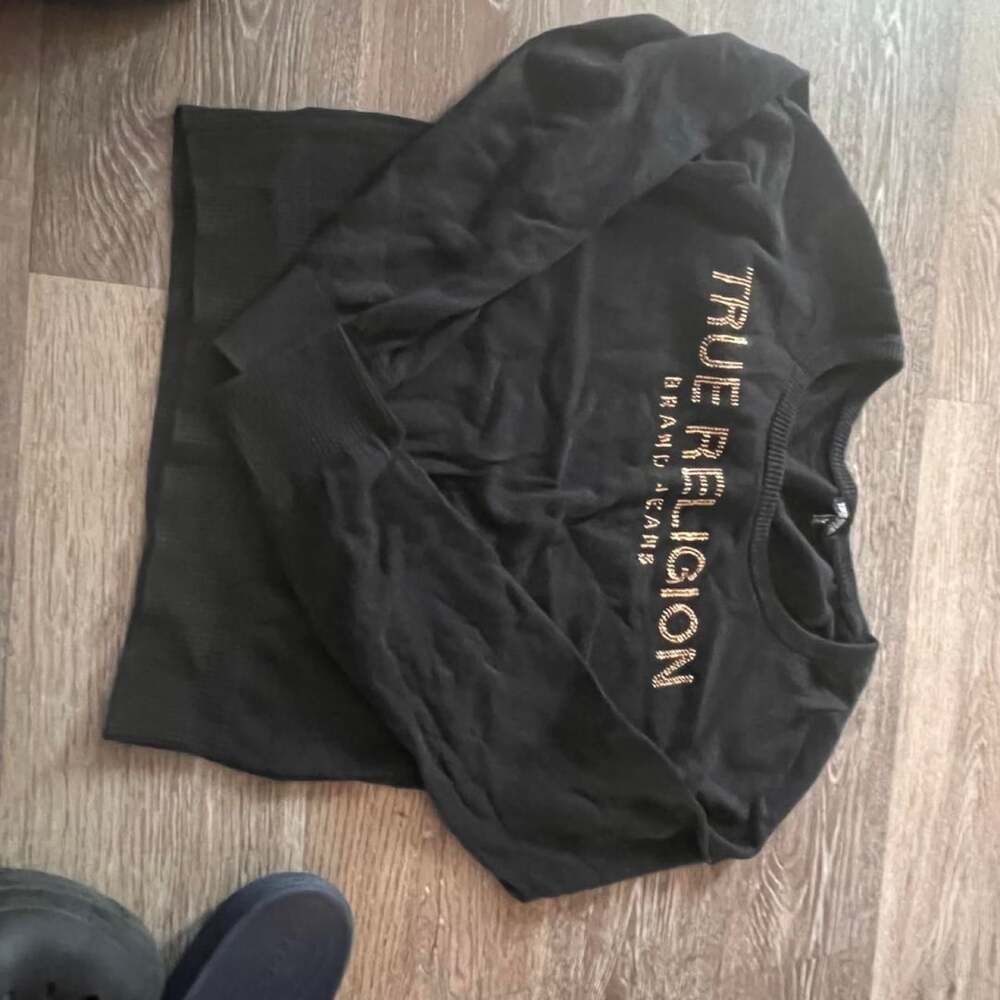 True Religion Long Sleeve Shirt Size S/P Black Gold Foil Logo